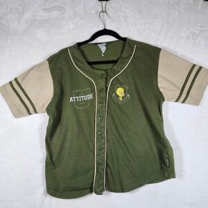Vintage Looney Tunes Tweety Bird Attitude Baseball Jersey Women Olive‎ Green Tan